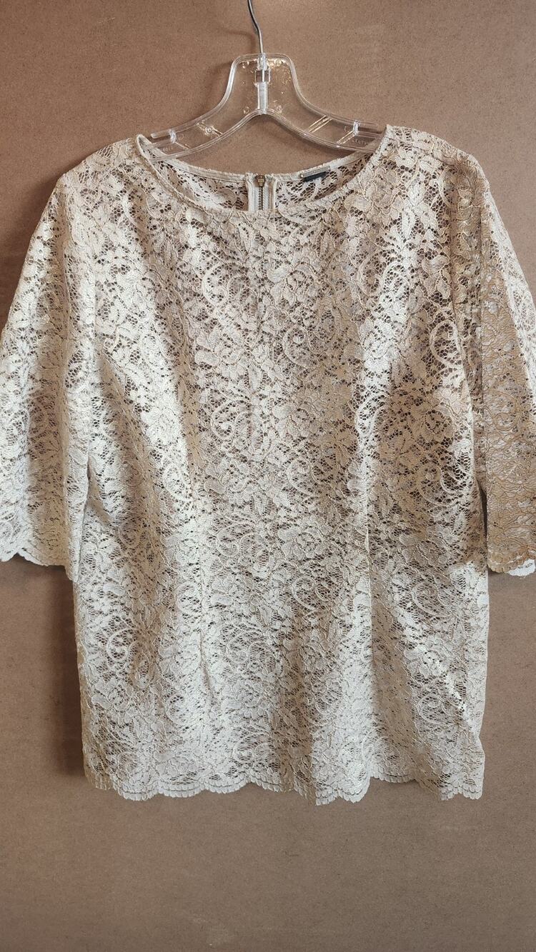 Chico's Black Label XL Floral Lace Blouse Gold Back Zip 3/4 Sleeve Top Wt152